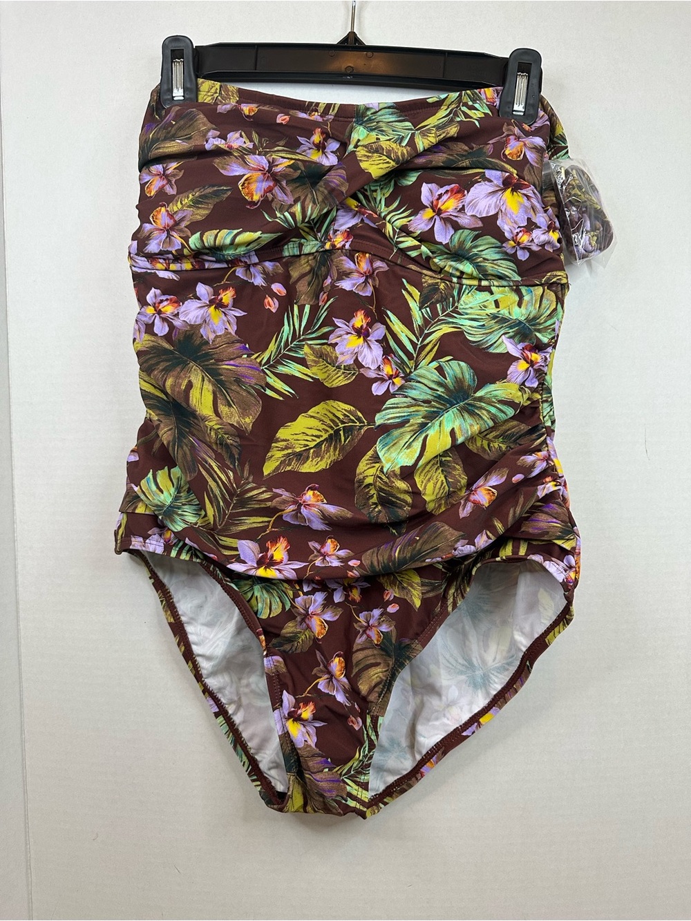Shade & Shore Brown Tropical Floral One-Piece Swimsuit, size L, NWT